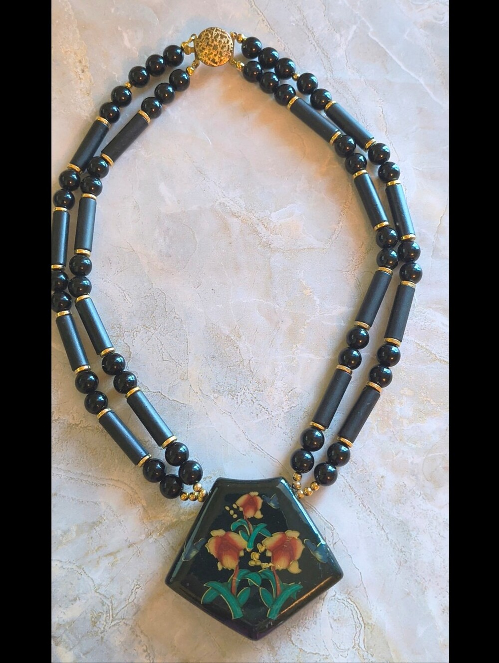 Vintage Black Floral Chinoiserie Enamel Double Strand Laquer Pendant Necklace